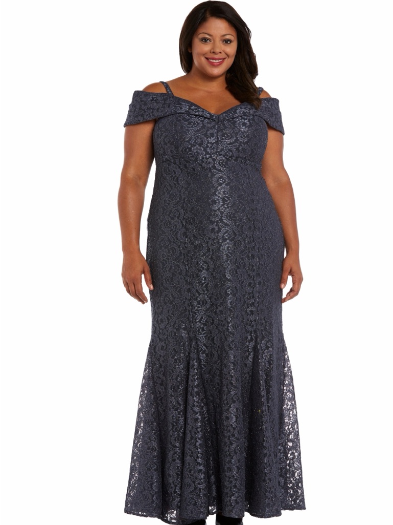R&M Richards Off Shoulder Formal Maxi Mermaid Gown Glitter Lace Steel Grey Plus